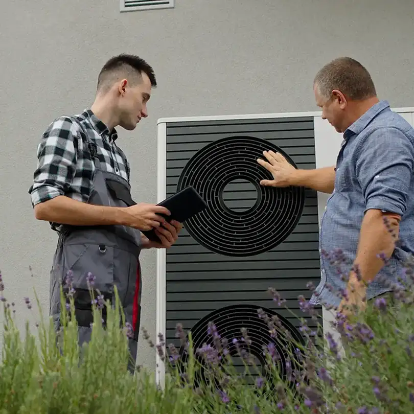Ein Techniker und ein Hausbesitzer besprechen  Wärmepumpe.